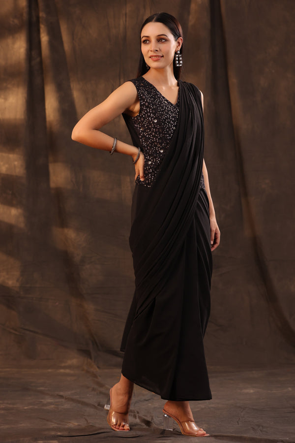 Black Georgette Embellished Pre Draped Saree | WomensFashionFun