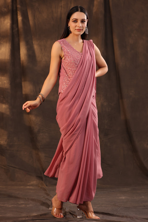 Rose Gold Georgette Embellished Pre Draped Saree | WomensFashionFun