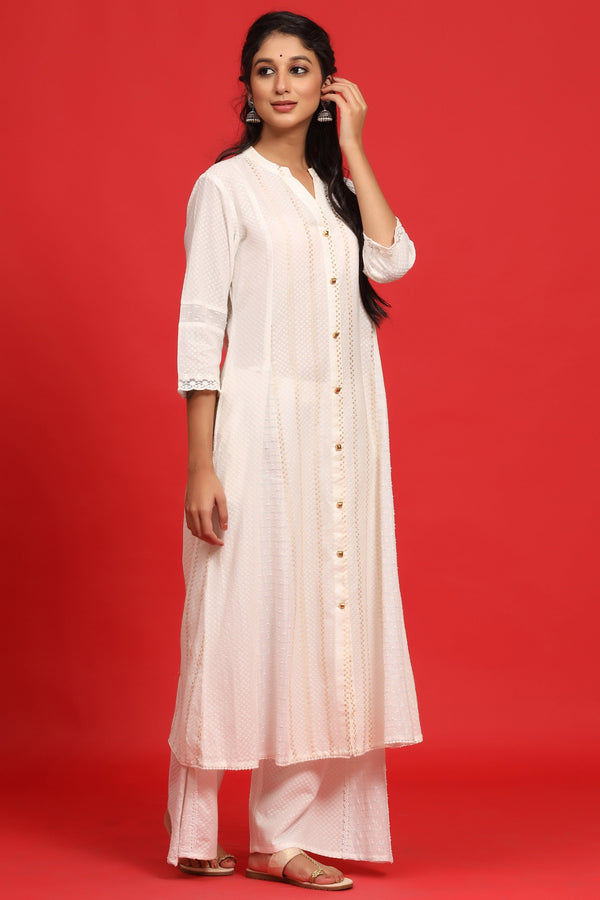 White Cotton Dobby A-Line Kurta | WomensFashionFun