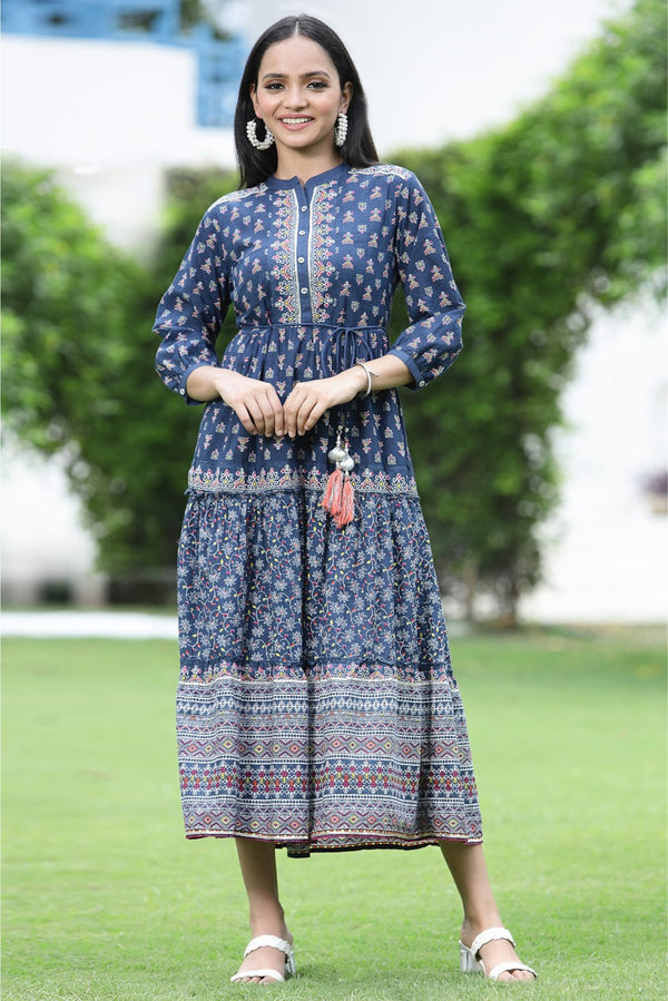 Indigo Cotton Cambric Printed Tiered Maxi Dress | WomensFashionFun