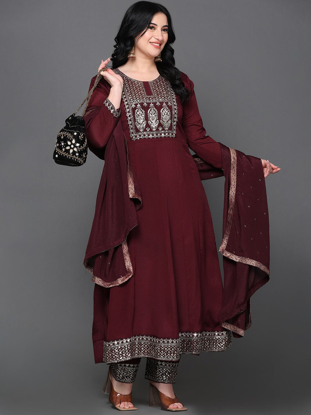 Embroidered Sequined Anarkali Pure Silk Kurta with Trousers & Dupatta WOMENSFASHIONFUN