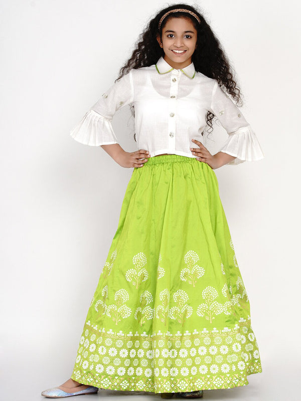 Girls White & Green Block Print Ready to Wear Lehenga & BlouseWomensFashionFun.com
