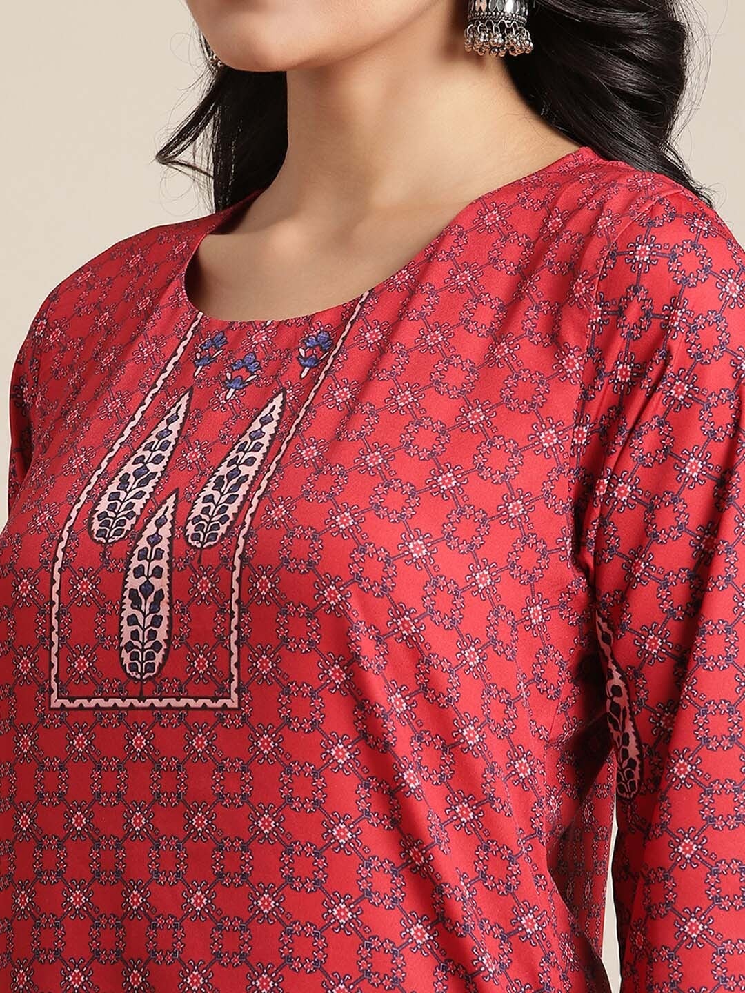 Women Red & Navy Blue Ethnic Motifs Printed Layered Anarkali Kurta