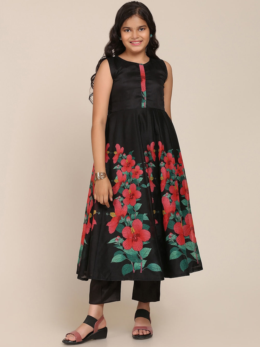 Girls Black Floral Printed Pleated Kurta with Trousers & With DupattaWomensFashionFun.com