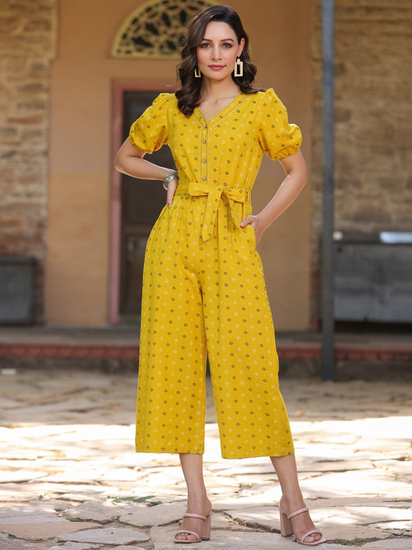 Yellow Cotton Printed Straight Jumpsuit | WomensFashionFun