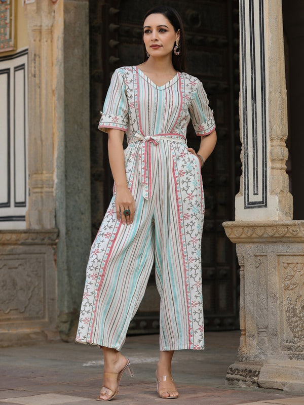 Skyblue Cotton Printed Straight Jumpsuit | WomensFashionFun
