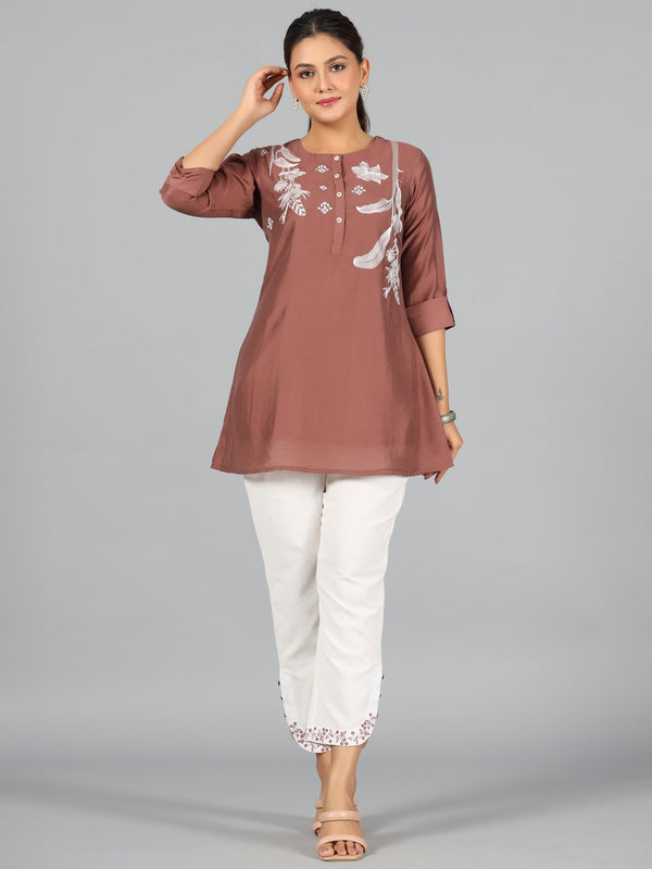 Women Brown Chanderi Embroidered Clothing Set | WomensFashionFun