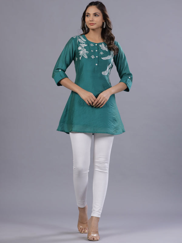 Women Green Chanderi Embroidered A-Line Tunic | WomensFashionFun
