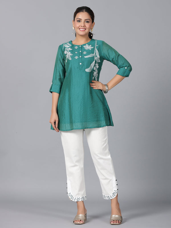 Women Green Chanderi Embroidered Clothing Set | WomensFashionFun