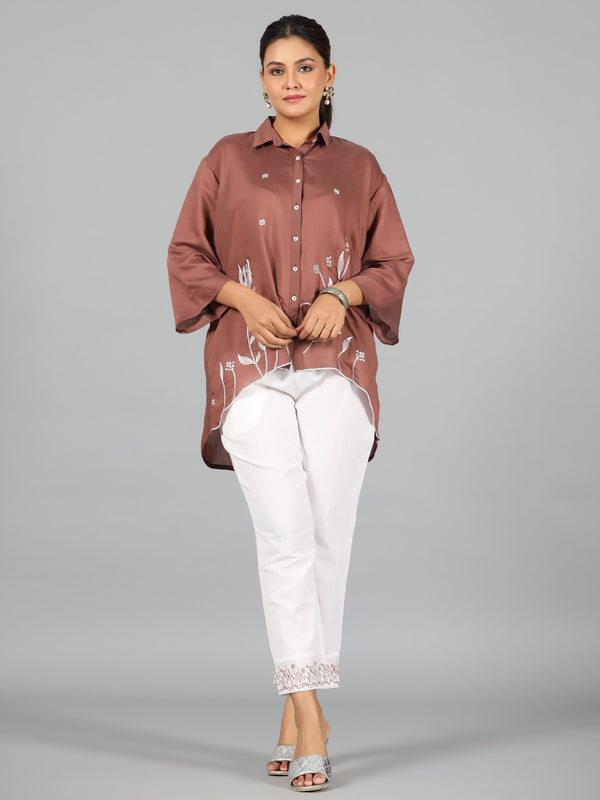 Brown Fuchsia Chanderi Embroidered Clothing Set | WomensFashionFun