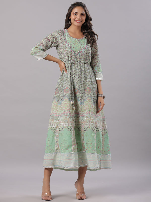 Women Green Georgette Printed Maxi Dress | WomensFashionFun