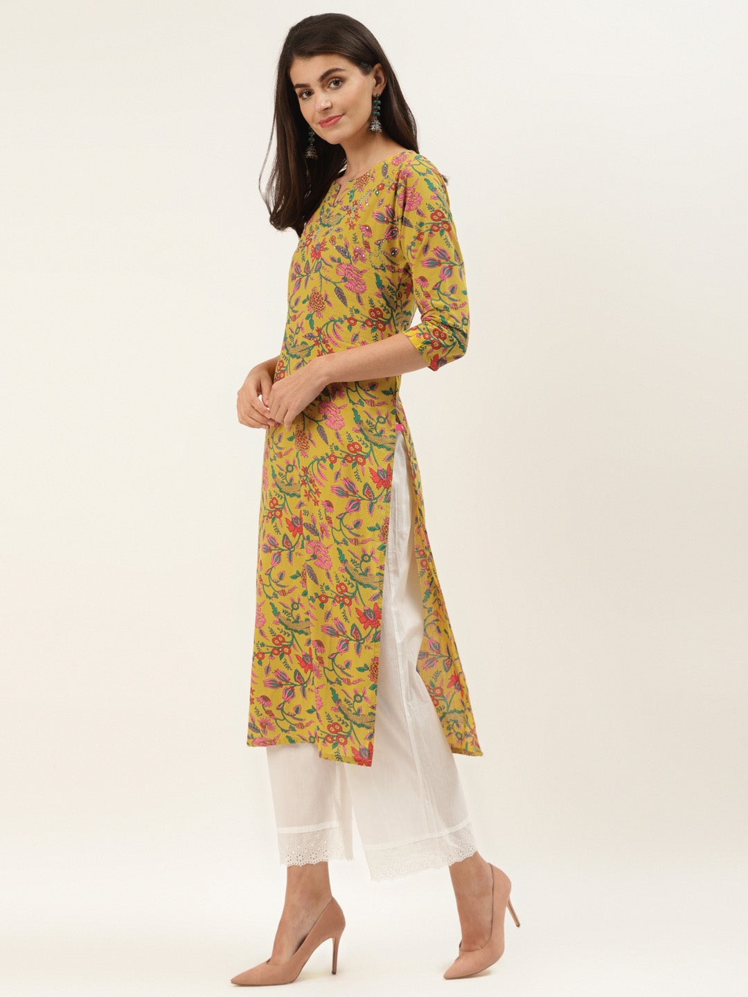 mustard and pink floral printed straight kurta with handwork detailing on yoke.