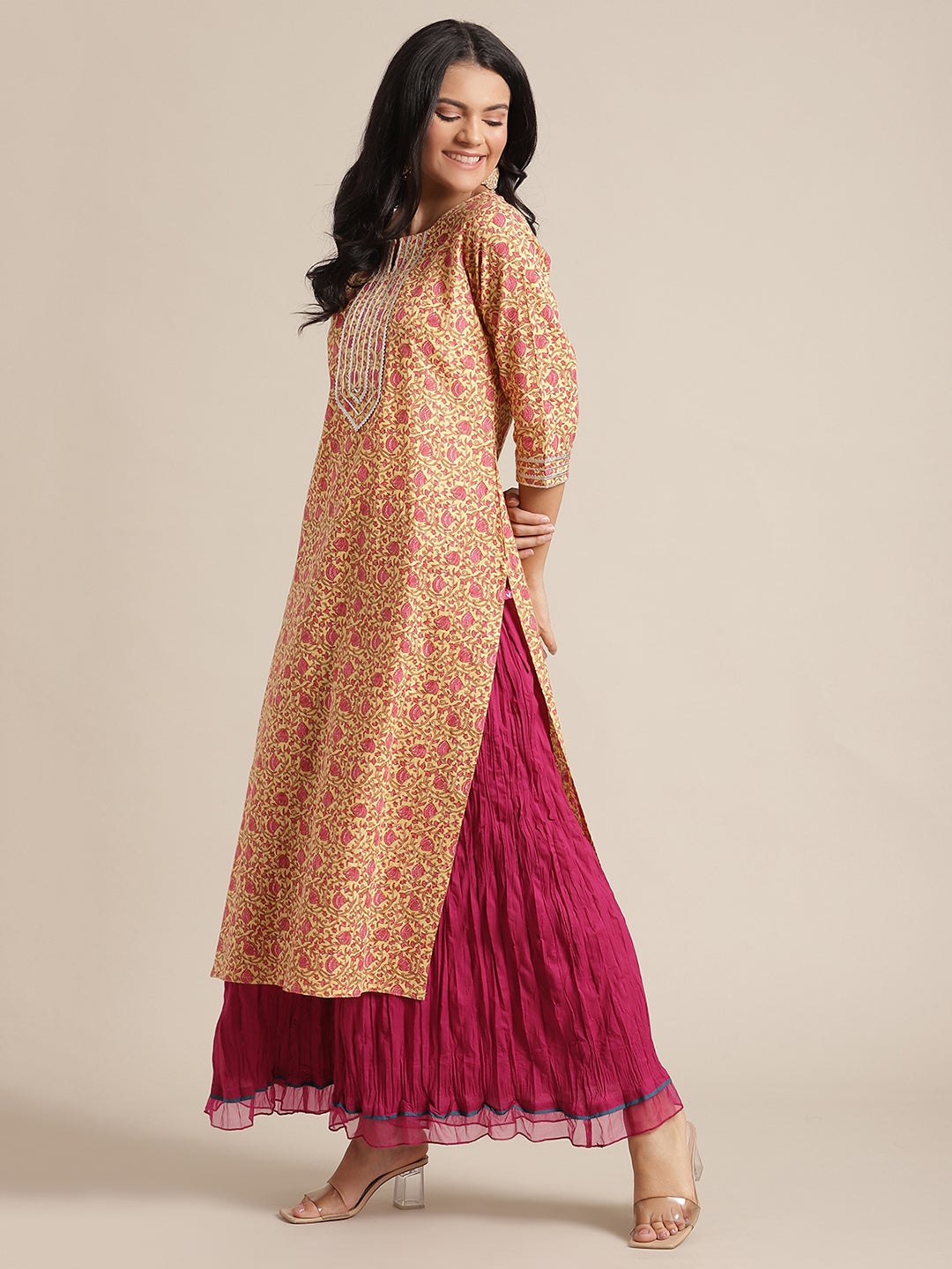 Yellow And Pink Floral Printed Straight Kurta With Round Neck And Gota Work