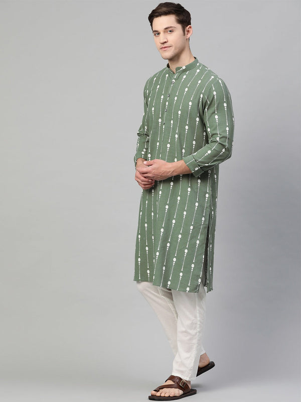 Green & White Printed Straight Kurta With Pyjama
