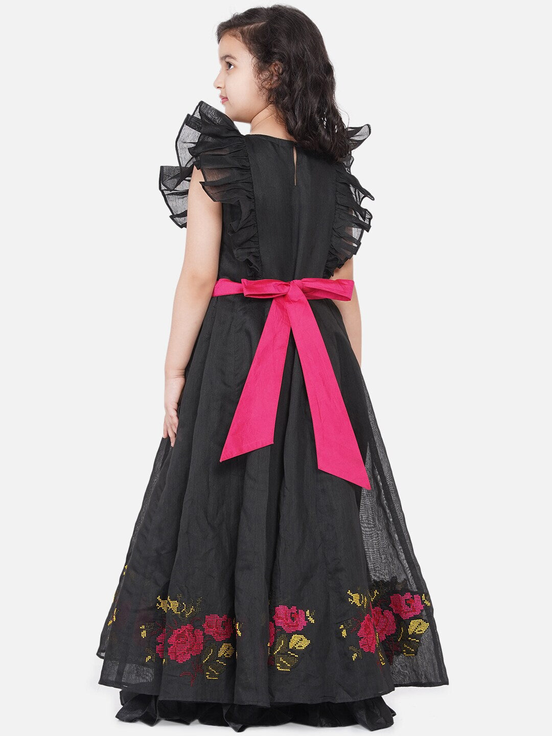Girls Black Embroidered Flutter Sleeves Maxi Dresswomensfashionfun