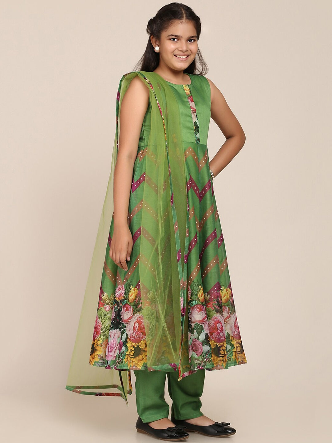 Girls Green Floral Printed Empire Kurta with Trousers & With DupattaWomensFashionFun.com