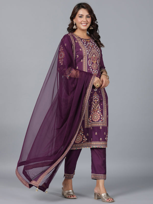 Women Purple Chanderi Printed Kurta Pants & Dupatta Set | WomensFashionFun