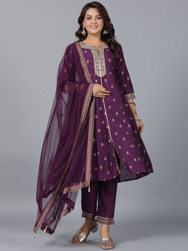Women Purple Chanderi Printed with Embroidery Kurta, Pants & Dupatta Sets | WomensFashionFun