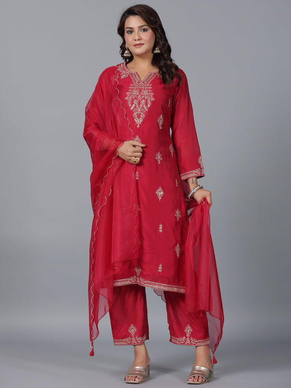 Women Red Chanderi Embroidered Kurta, Pants & Dupatta Set | WomensFashionFun