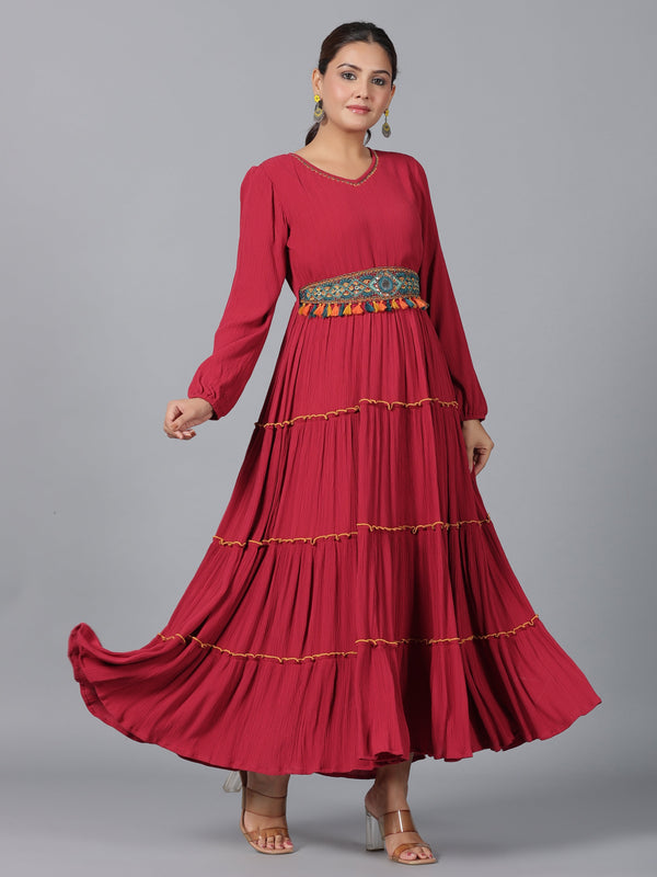 Women Maroon Rayon Crepe Tiered Maxi Dress | WomensFashionFun