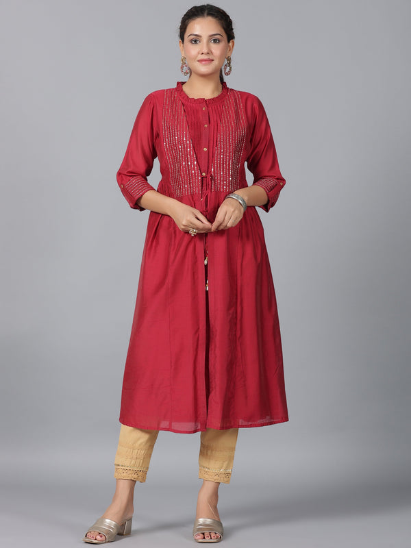Women Maroon Chanderi Embroidered Jacket Style Kurta Dress | WomensFashionFun