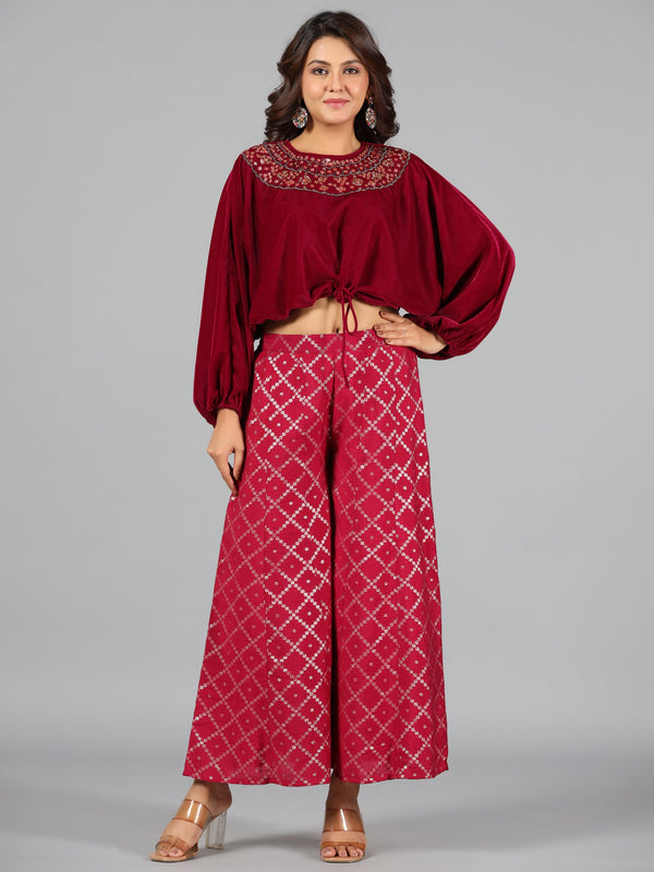 Women Fuchsia Velvet Embellished Clothing Set | WomensFashionFun