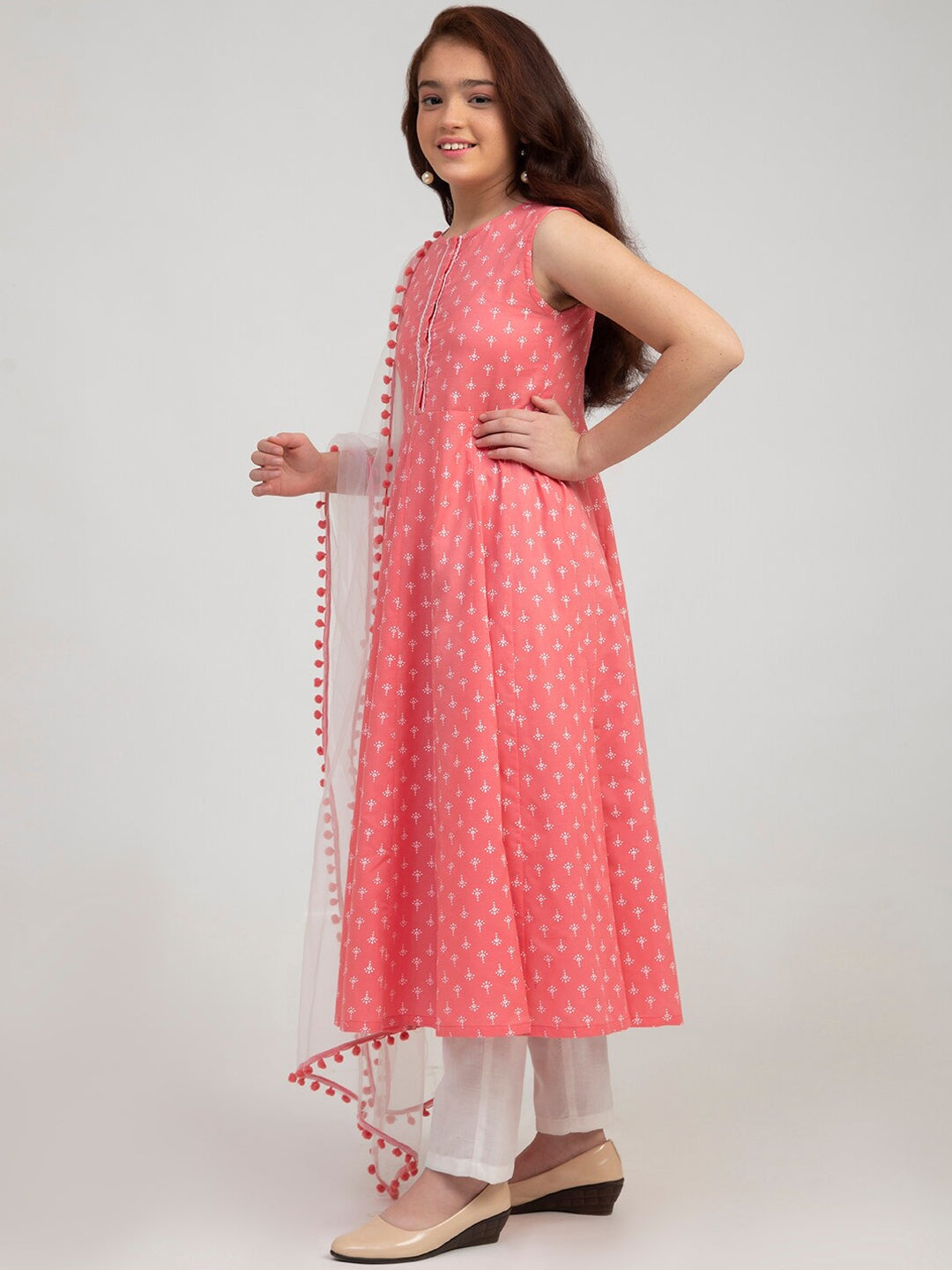 Girls Pink Ethnic Motifs Printed Pure Cotton Kurta with Trousers & With DupattaWomensFashionFun.com