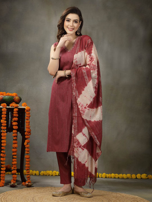 Woven Designed Cotton Blend Straight Kurta Pant Dupatta Set | WomensFashionFun.com