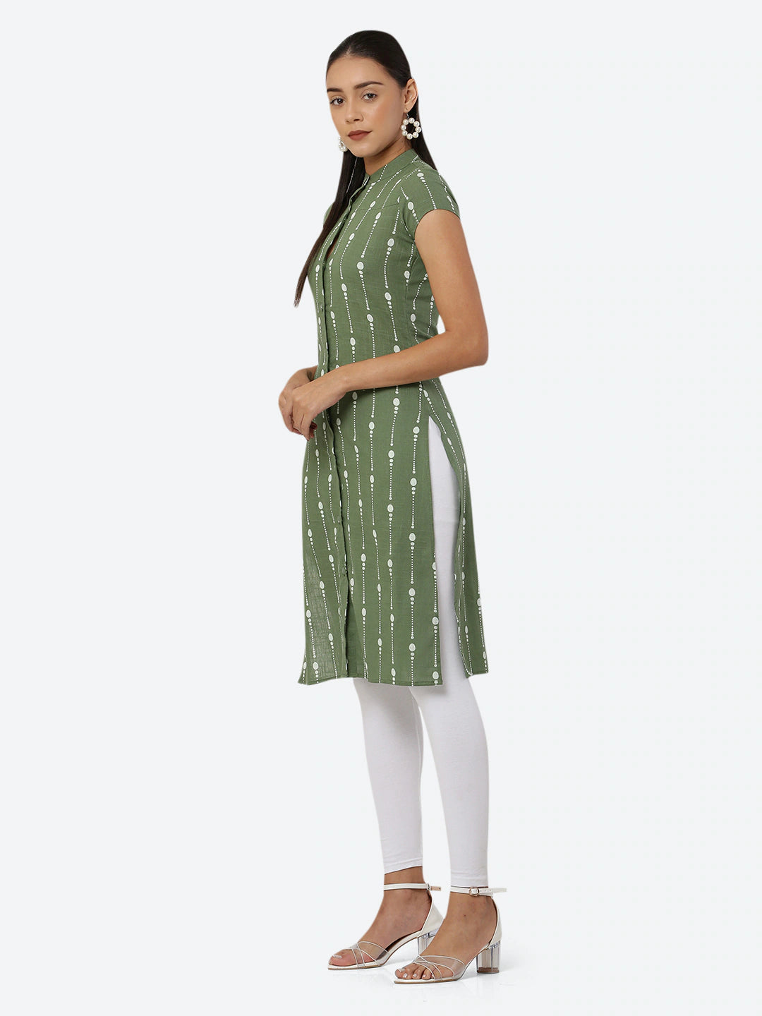 Women Green & White Khari Print Straight Kurta