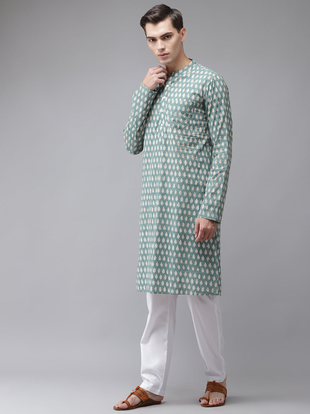 Men Green And Beige Hand Block Print Sustainable Straight With Kurta Pyjama