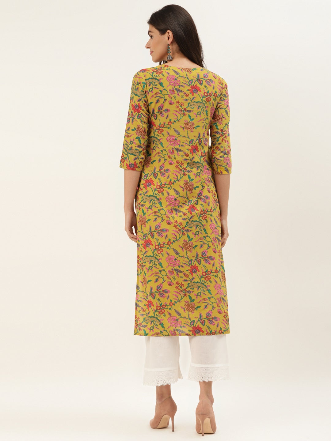 mustard and pink floral printed straight kurta with handwork detailing on yoke.