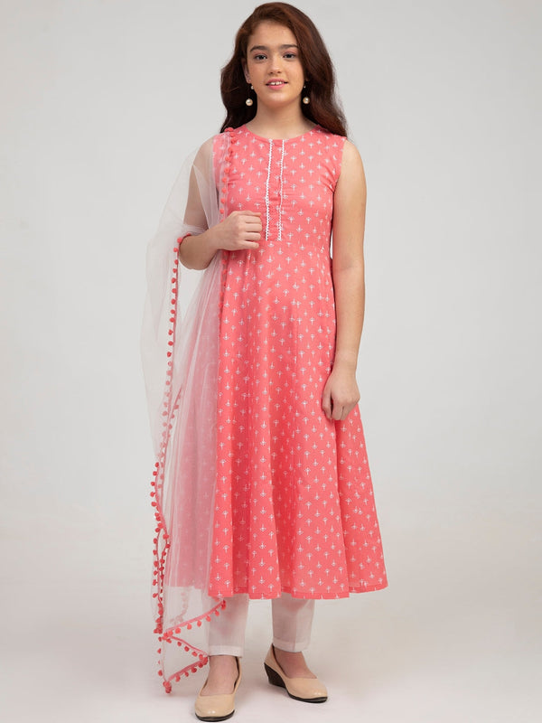 Girls Pink Ethnic Motifs Printed Pure Cotton Kurta with Trousers & With Dupattawomensfashionfun