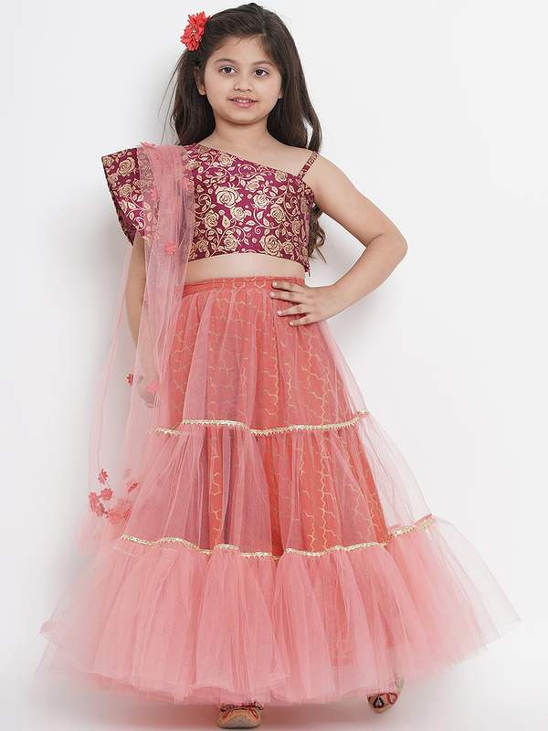 Girls Peach-Coloured & Burgundy Printed Ready to Wear Lehenga & Blouse with Dupatta | WomensFashionFun