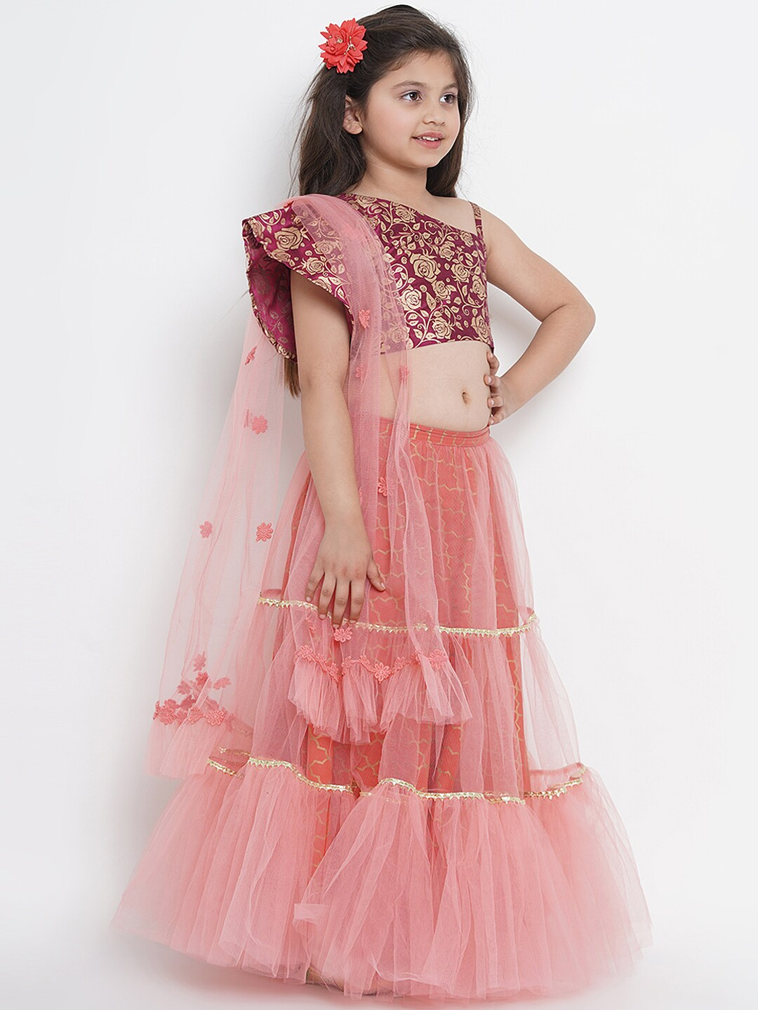 Girls Peach-Coloured & Burgundy Printed Ready to Wear Lehenga & Blouse with Dupatta