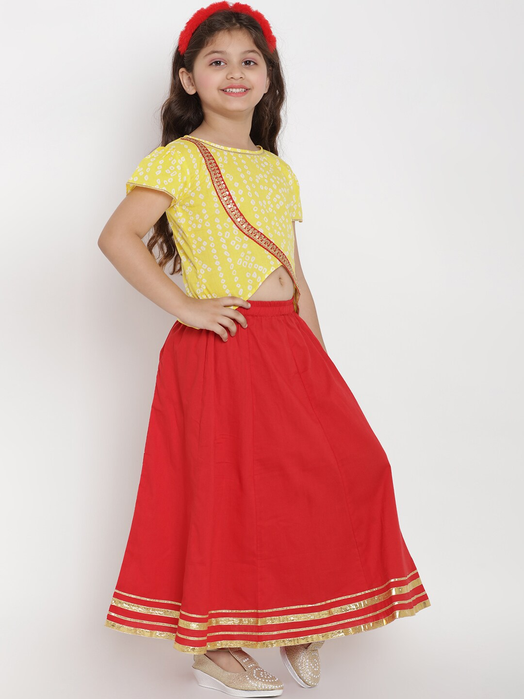 Girls Yellow & Red Printed Ready to Wear Lehenga & Blouse with Dupatta