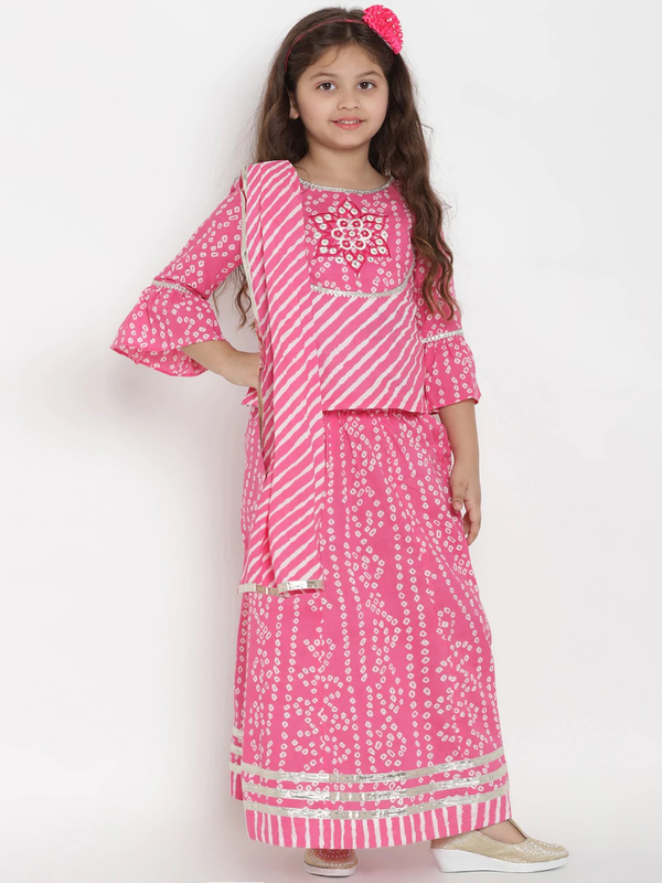 Girls Pink & White Printed Ready to Wear Lehenga & Blouse with Dupatta | WomensFashionFun