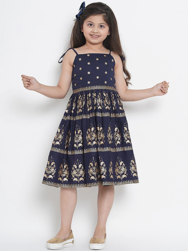 Girls Navy Blue Printed Fit and Flare Dress | WomensFashionFun