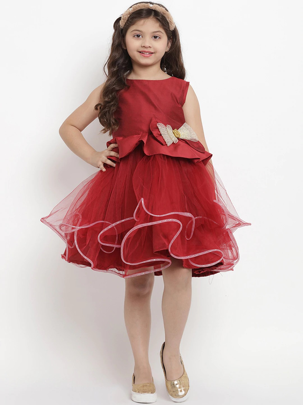 Girls Maroon Solid Fit and Flare Dress | WomensFashionFun
