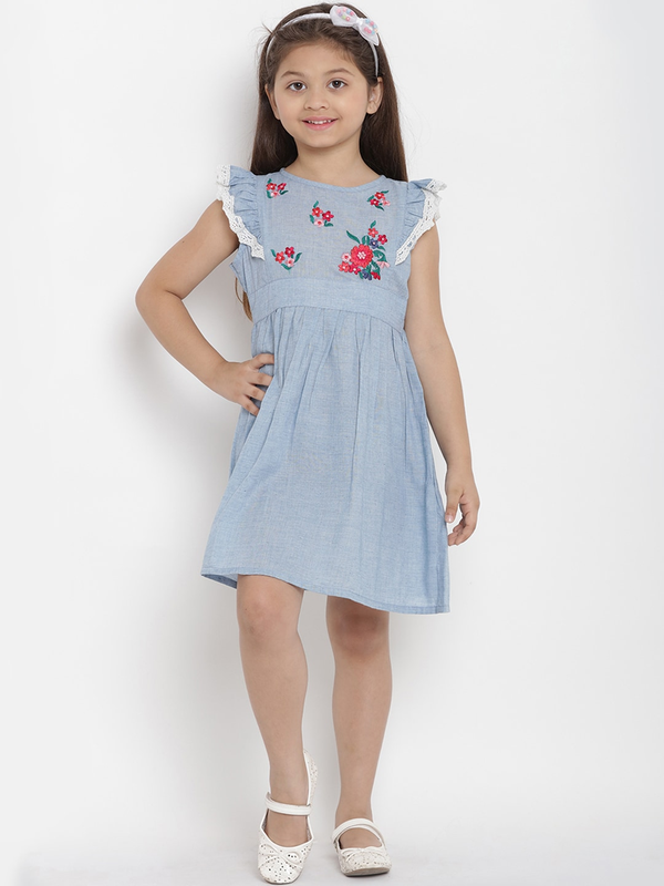 Girls Blue Solid Chambray Fit and Flare Dress | WomensFashionFun