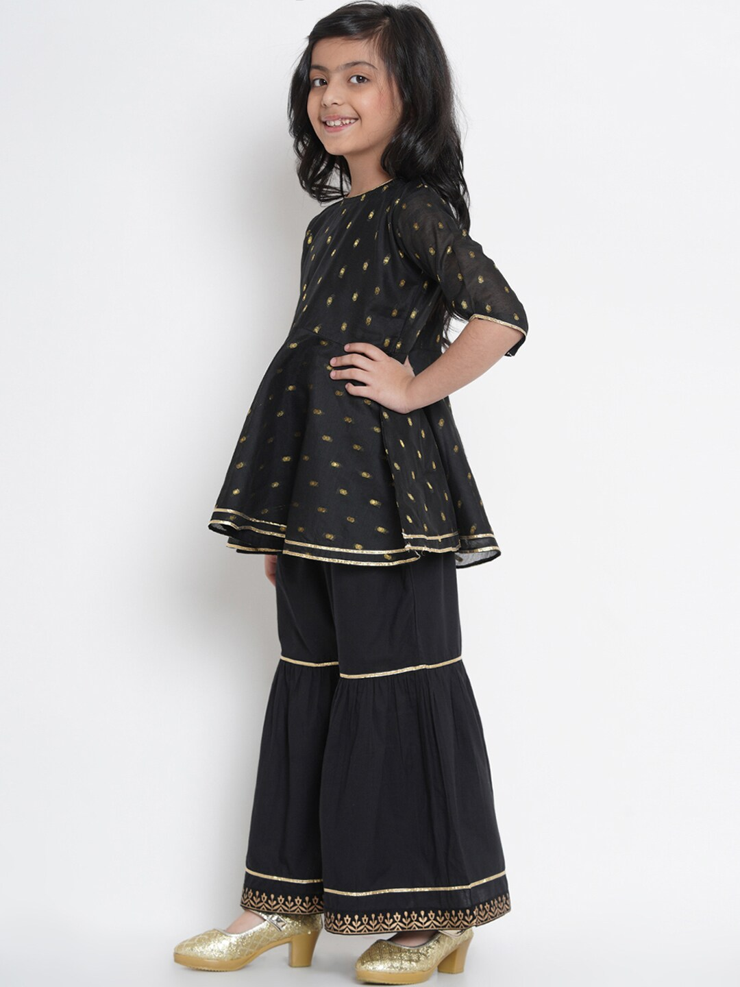 Girls Black & Gold-Coloured Woven Design Kurta with Sharara
