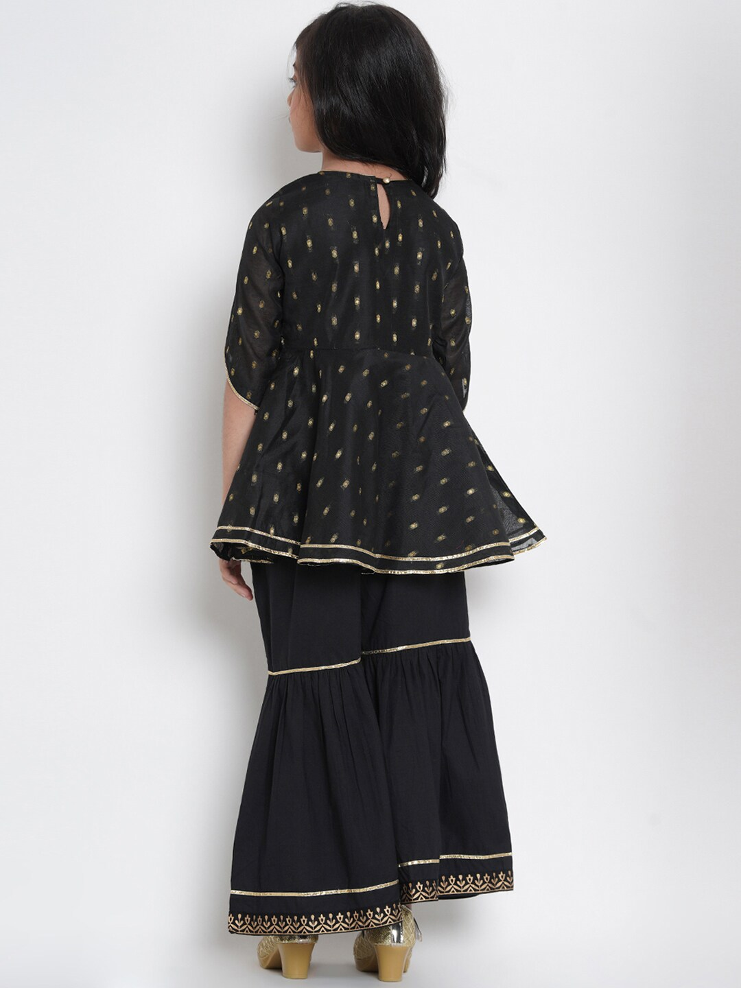 Girls Black & Gold-Coloured Woven Design Kurta with Sharara