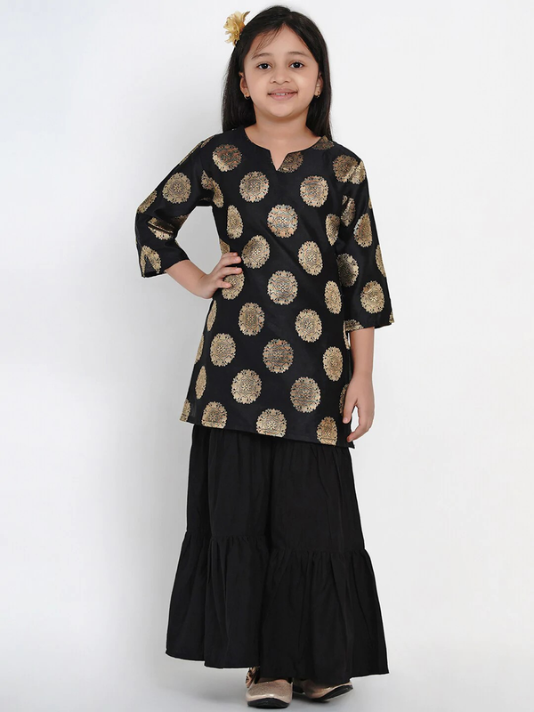 Girls Black & Gold-Toned Woven Design Kurta with Sharara | WomensFashionFun