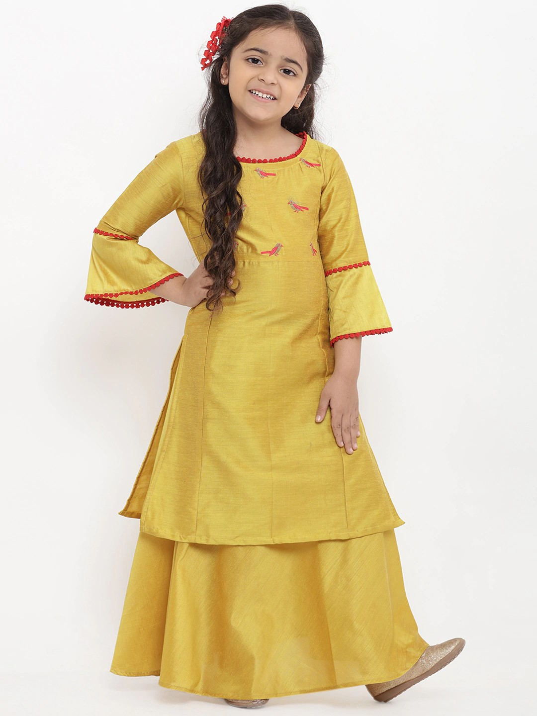 Girls Yellow Embroidered Kurti with Skirt