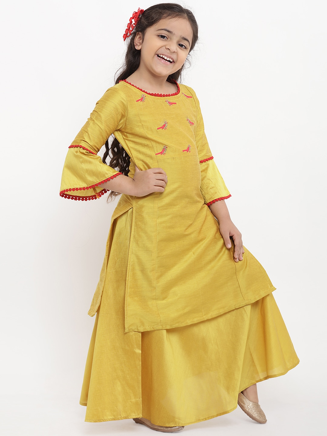 Girls Yellow Embroidered Kurti with Skirt