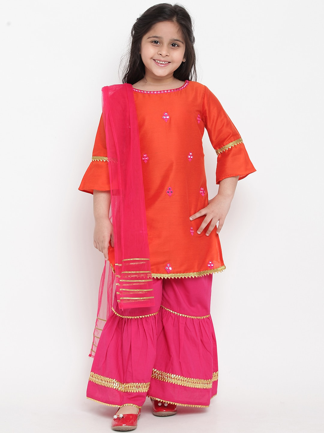 Girls Orange & Pink Embroidered Kurta with Palazzos & Dupatta