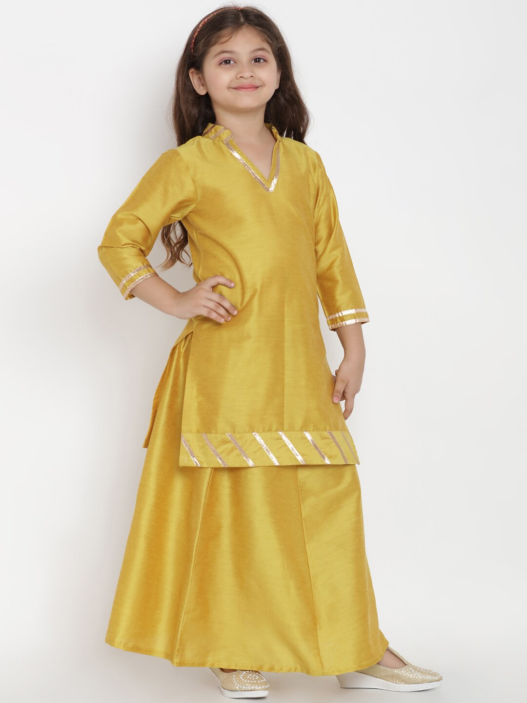 Girls Mustard Yellow Solid Silk Kurta with Skirt