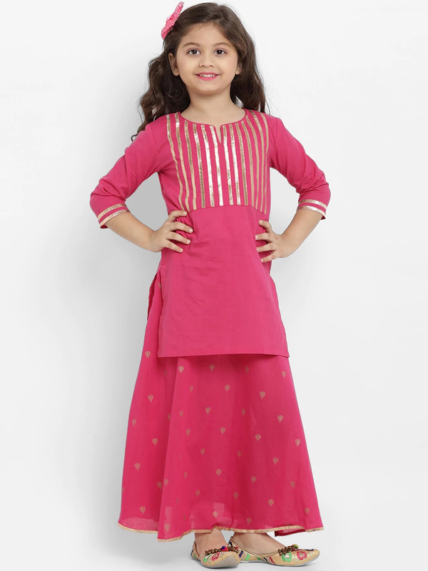 Girls Pink Solid Kurta with Skirt | WomensFashionFun