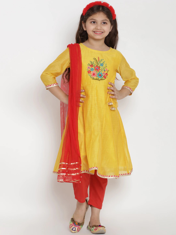 Girls Yellow & Red Embroidered Kurta with Pyjamas & Dupatta | WomensFashionFun