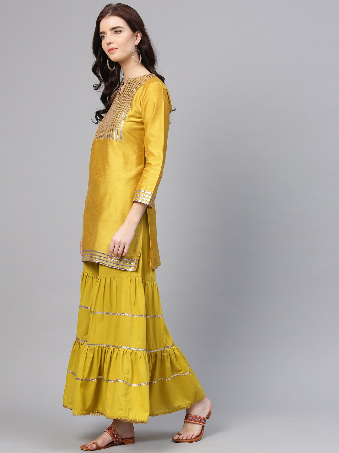 Women's Mustard Yellow & Green Yoke Design Kurti With Sharara & Dupatta