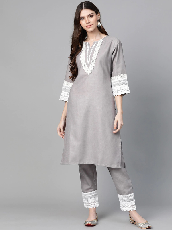 Women's Grey Solid Kurta & Trousers With Lace Insert Detail | WOMENSFASHIONFUN